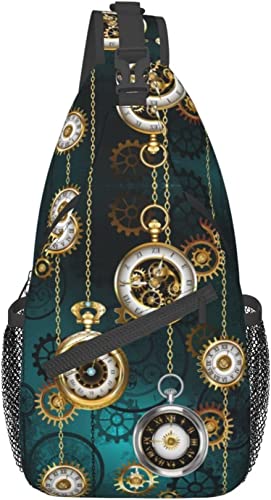 Schultertasche mit Steampunk-Uhr-Muster, Mehrzweck-Umhängetasche, Reisen, Wandern, Brustrucksack für Damen und Herren von DJNGN