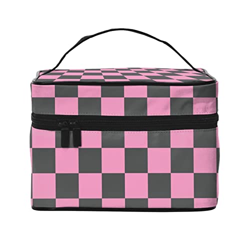 Schwarz Rosa Karierte Kosmetiktasche Reisekosmetiktasche für Frauen Mädchen Große Make-up-Organizer-Tasche Tragbare Kulturtasche Reiseutensilien von DJNGN