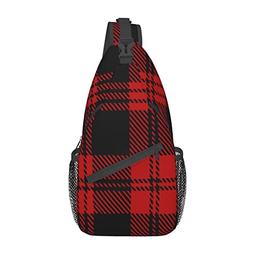 Schwarz-roter Tartan-Karo-Schottischer Sling-Rucksack, Brust-Umhängetasche, lässiger Tagesrucksack für Männer und Frauen von DJNGN