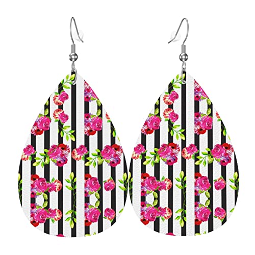Schwarz-weiß gestreifte Blumen-Leder-Ohrringe für Frauen, baumelnde Ohrringe, Tropfen-Anhänger mit Haken, Geschenke für Erwachsene Mädchen von DJNGN