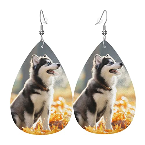 Siberian Huskies Herbst Blätter Leder Ohrringe für Frauen baumeln Ohrring Tropfen Anhänger mit Haken Geschenke für Erwachsene Mädchen von DJNGN