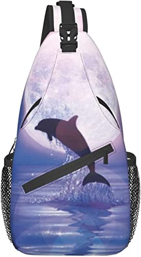 Sling Bag, Dolphin Jumping Under Moonlight Print Umhängetasche für lässige Damen und Herren von DJNGN