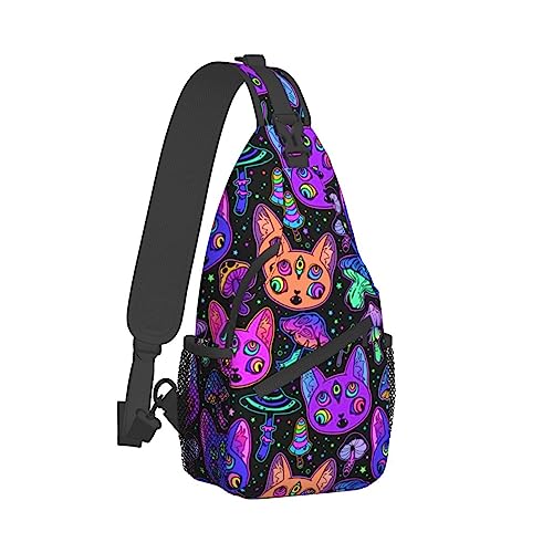 Sling Bag Umhängetasche für Damen und Herren, atmungsaktive Mehrzweck-Umhängetasche, kompatibel mit Halloween Trippy Eyes Black Cat Mushrooms, langlebiger und diebstahlsicherer lustiger Outdoor-Tagesr von DJNGN