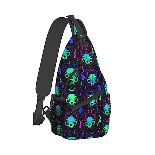 Sling Bag Umhängetasche für Damen und Herren, atmungsaktive Mehrzweck-Umhängetasche, kompatibel mit Halloween Trippy Goth Black Cat Skull, langlebiger und diebstahlsicherer lustiger Outdoor-Tagesrucks von DJNGN