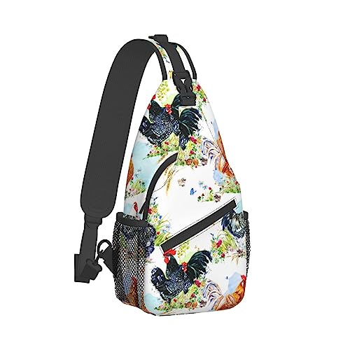 Sling Bag Umhängetasche für Damen und Herren, atmungsaktive Mehrzweck-Umhängetasche, kompatibel mit Rooster Chicken Aquarellblumen, langlebiger und diebstahlsicherer, lustiger Outdoor-Tagesrucksack von DJNGN