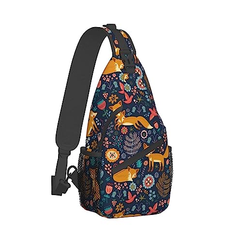 Sling Bag Umhängetasche für Damen und Herren, atmungsaktive Mehrzweck-Umhängetasche, kompatibel mit floralem Herbstlaub-Fuchs-Muster, langlebiger und diebstahlsicherer lustiger Outdoor-Tagesrucksack von DJNGN