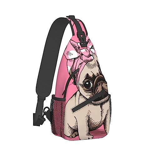 Sling-Rucksack für Damen, niedliche Mehrzweck-Umhängetasche, bequemer und Leichter, Verstellbarer Reise-Wander-Tagesrucksack, kompatibel mit rosa Stirnband-Welpen-Mops von DJNGN
