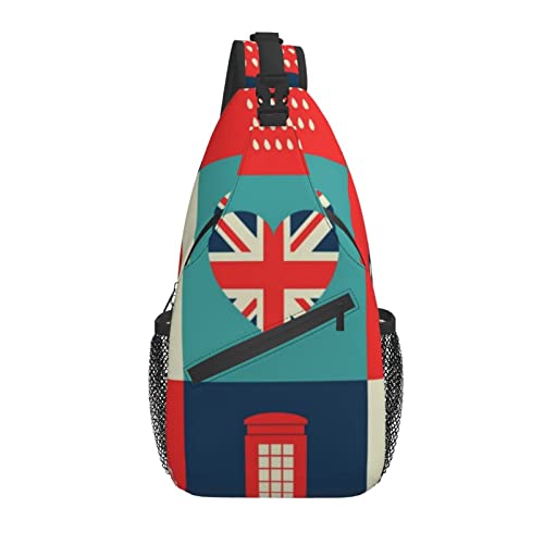 Sling-Rucksack mit Cartoon-London-Britische-Flagge, Brust-Umhängetasche, lässiger Tagesrucksack für Männer und Frauen von DJNGN