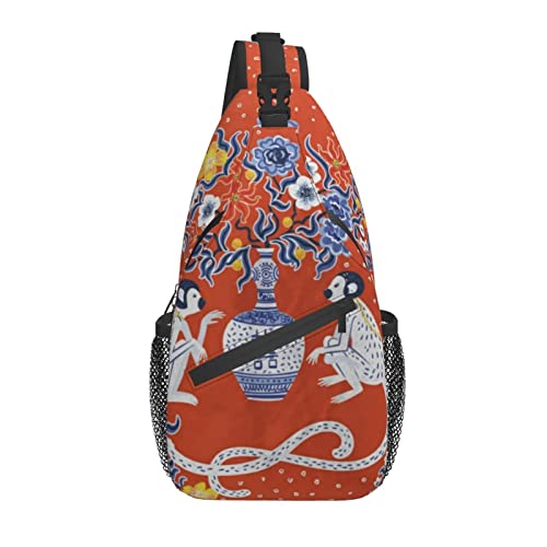 Sling-Rucksack mit chinesischem Affen-Chinoiserie-Blumen-Motiv, Brust-Umhängetasche, lässiger Tagesrucksack für Männer und Frauen von DJNGN