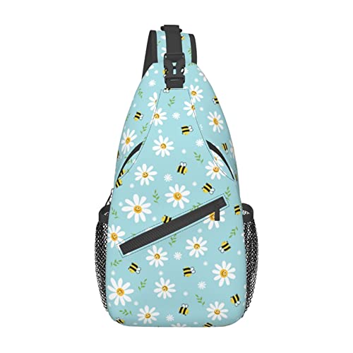 Sling-Rucksack mit niedlichem Bienen- und Gänseblümchen-Blumenmuster, Brusttasche, Umhängetaschen, Fitnessstudio, Radfahren, Wandern, Reisen, Tagesrucksack für Männer und Frauen von DJNGN