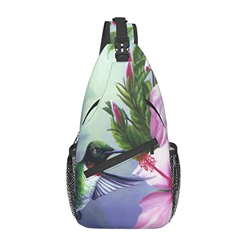 Sling-Rucksack mit niedlichem Kolibri und rosa Hibiskus, Brust-Umhängetasche, lässiger Tagesrucksack für Männer und Frauen von DJNGN