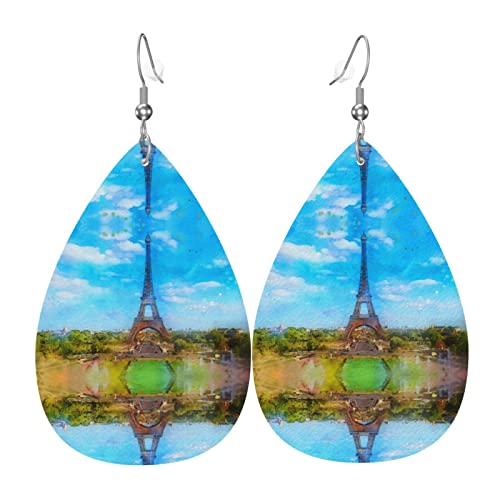 Stilvolle Kunst-Eiffelturm-blauer Himmel-Muster-Leder-Ohrringe für Frauen baumeln Ohrring-Tropfen-Anhänger mit Haken-Geschenken für erwachsenes Mädchen von DJNGN