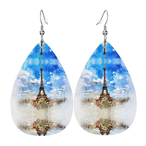 Stilvolle Kunst-Eiffelturm-blauer Himmel-Muster-Leder-Ohrringe für Frauen baumeln Ohrring-Tropfen-Anhänger mit Haken-Geschenken für erwachsenes Mädchen von DJNGN