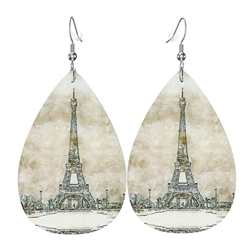 Stilvolle Kunst-Eiffelturm-blauer Himmel-Muster-Leder-Ohrringe für Frauen baumeln Ohrring-Tropfen-Anhänger mit Haken-Geschenken für erwachsenes Mädchen von DJNGN
