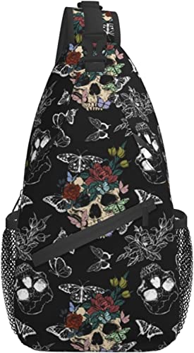 Sugar Skull Unisex-Brusttaschen, Umhängetasche, Sling-Rucksack, Reisen, Wandern, Tagesrucksack für Damen und Herren, Umhängetasche für Freizeitsport von DJNGN