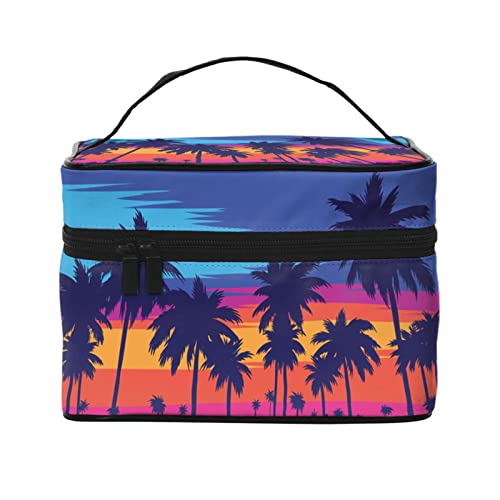 Kulturbeutel mit Sonnenuntergangs-Palmenmotiv für Damen, Kosmetiktasche, Reise-Toilettenartikel, Make-up-Organizer von DJNGN