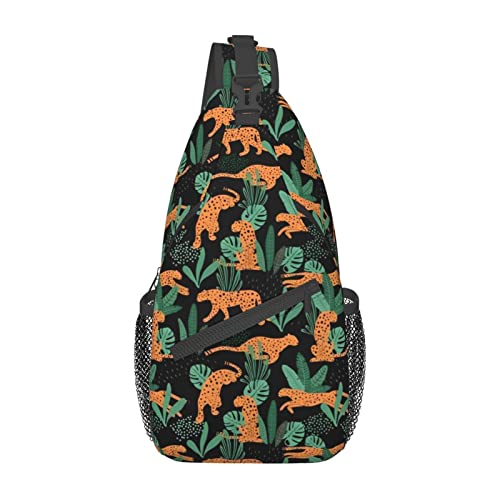 Tropischer Dschungel, niedlicher Leopard, kleine Umhängetasche für Männer und Frauen, Umhängetasche, Rucksack, Reisen, Wandern, Tagesrucksack, Brust-Umhängetasche von DJNGN