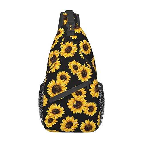 Umhängetasche mit Sonnenblumen-Motiv, gelb und schwarz, für Damen und Herren, Umhängetasche, Rucksack, Wandern, Reisen, Tagesrucksack, Brust-Umhängetasche von DJNGN