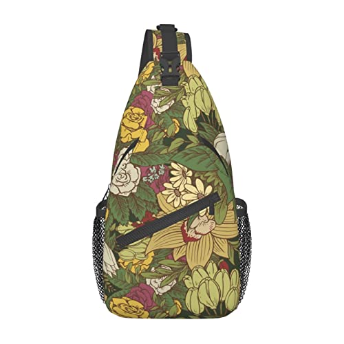 Vintage-Blumen-Blumen-Grün, kleine Umhängetasche für Damen und Herren, Umhängetasche, Reisen, Wandern, Tagesrucksack, Schulter-Brusttasche von DJNGN