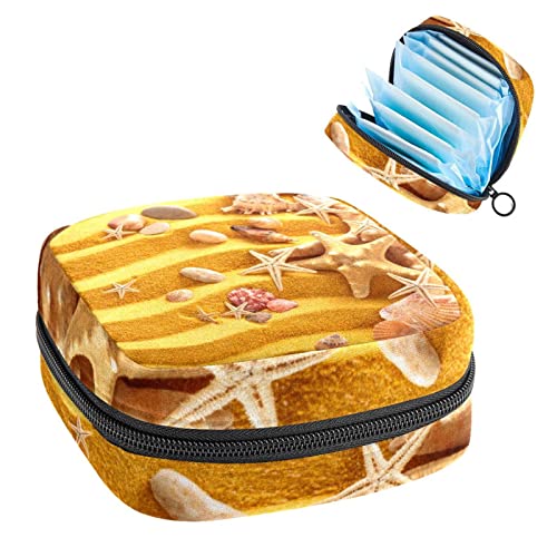 Damenbinde Aufbewahrungstaschen Stillpad Halter Gelber Sand, Muscheln und Seesterne Tragbare Periode Kit Tasche Feminine Produktbeutel für Frauen Mädchen von DJROW