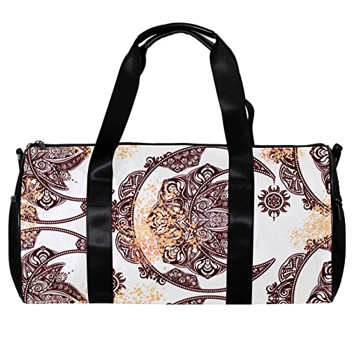 Runde Gym Sport Duffel Bag mit Abnehmbarem Schultergurt Golden Crescent Moon und Sonne mit Elementen des Mandala Trainings Handtasche Übernachtungstasche für Damen und Herren, mehrfarbig, 45x23x23cm/17.7x9x9in von DJROW