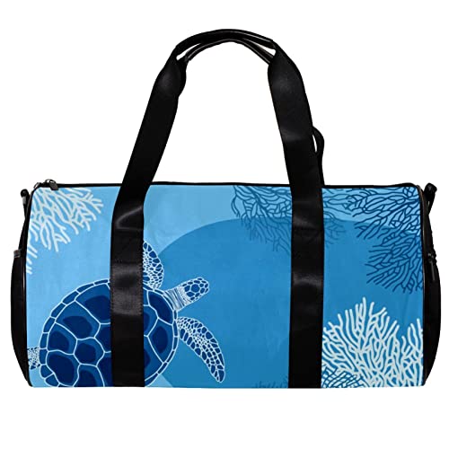 Runde Gym Sport Duffel Bag mit abnehmbarem Schultergurt Schildkröte auf dem Hintergrund von Coral in the Ocean Training Handtasche Übernachtungstasche für Damen und Herren, mehrfarbig, 45x23x23cm/17.7x9x9in von DJROW