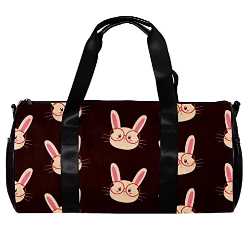 Runde Gym Sport Duffel Tasche mit Abnehmbarem Schultergurt Cartoon Kaninchenkopf mit Brille Training Handtasche Übernachtungstasche für Damen und Herren, mehrfarbig, 45x23x23cm/17.7x9x9in von DJROW