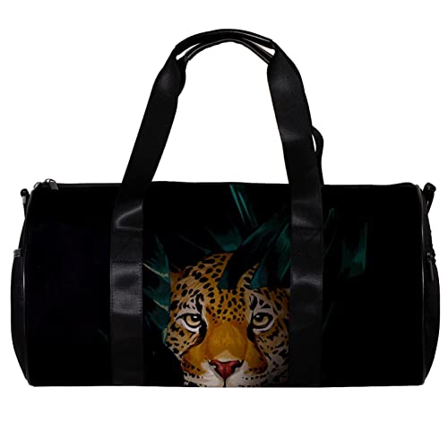 Runde Gym Sport Duffel Tasche mit Abnehmbarem Schultergurt Leopard Versteckt in Tropische Dschungel Illustration Training Handtasche Übernachtung Tasche für Frauen und Männer, mehrfarbig, 45x23x23cm/17.7x9x9in von DJROW