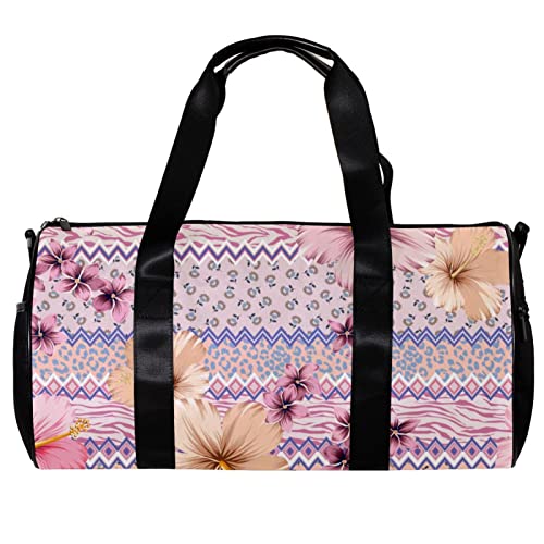 Runde Gym Sport Duffel Tasche mit Abnehmbarem Schultergurt Leopard Zebra Haut Muster Naive Hibiskus Blume Training Handtasche Übernachtungstasche für Damen und Herren, mehrfarbig, 45x23x23cm/17.7x9x9in von DJROW