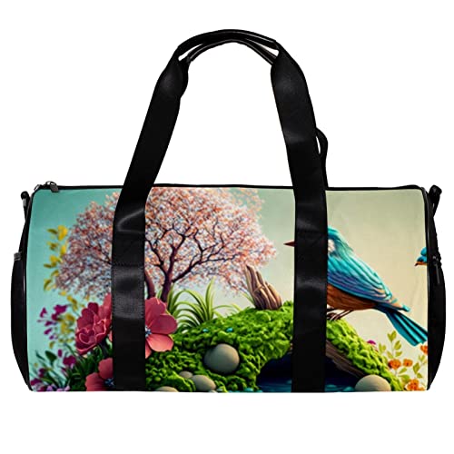 Runde Gym Sport Duffel Tasche mit Abnehmbarem Schultergurt Vogel in Natur Baum Blume Fluss und Berg Training Handtasche Übernachtungstasche für Damen und Herren, mehrfarbig, 45x23x23cm/17.7x9x9in von DJROW