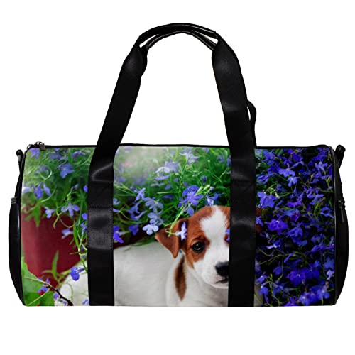 Runde Gym Sport Duffel Tasche mit Abnehmbarem Schultergurt Welpe im Sommer Hintergrund in Blau Blumen Training Handtasche Übernachtungstasche für Damen und Herren, mehrfarbig, 45x23x23cm/17.7x9x9in von DJROW