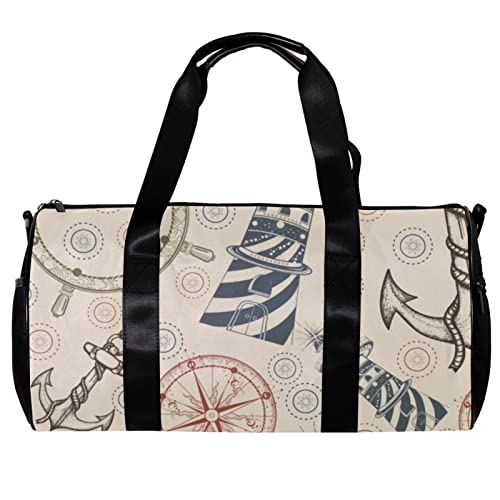 Runde Gym Sport Duffel Tasche mit abnehmbarem Schultergurt Anker Lenkrad Kompass und Leuchtturm Training Handtasche Übernachtungstasche für Damen und Herren, mehrfarbig, 45x23x23cm/17.7x9x9in von DJROW