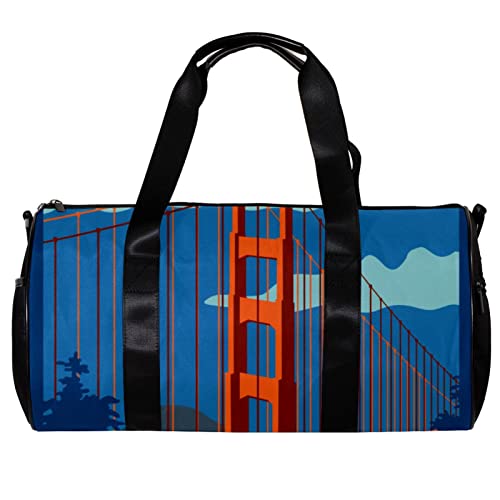 Runde Gym Sport Duffel Tasche mit abnehmbarem Schultergurt Golden Gate Bridge San Francisco Training Handtasche Übernachtungstasche für Damen und Herren, mehrfarbig, 45x23x23cm/17.7x9x9in von DJROW