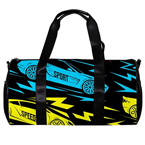 Runde Gym Sport Duffel Tasche mit abnehmbarem Schultergurt Hintergrund mit Sportauto Training Handtasche Übernachtungstasche für Damen und Herren, mehrfarbig, 45x23x23cm/17.7x9x9in von DJROW