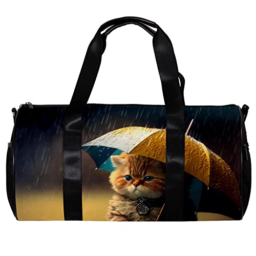 Runde Gym Sport Duffel Tasche mit abnehmbarem Schultergurt Katze hält einen Regenschirm im Regen Training Handtasche Übernachtungstasche für Damen und Herren, mehrfarbig, 45x23x23cm/17.7x9x9in von DJROW