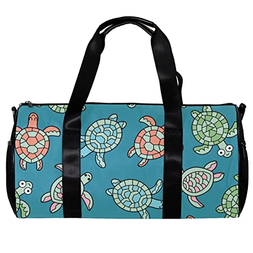 Runde Gym Sport Duffel Tasche mit abnehmbarem Schultergurt Meeresschildkröten im Wasser Nahtlos Muster Training Handtasche Übernachtungstasche für Damen und Herren, mehrfarbig, 45x23x23cm/17.7x9x9in von DJROW