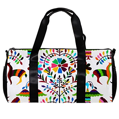 Runde Gym Sport Duffel Tasche mit abnehmbarem Schultergurt Mexikanische Otomi Stil Training Handtasche Übernachtung Tasche für Damen und Herren, mehrfarbig, 45x23x23cm/17.7x9x9in von DJROW