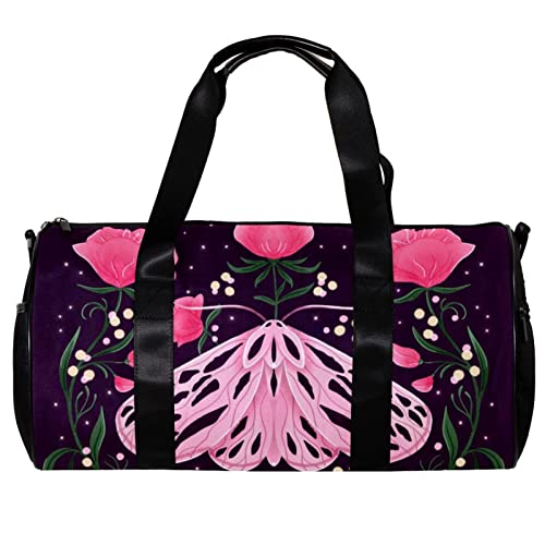 Runde Gym Sport Duffel Tasche mit abnehmbarem Schultergurt Motte und Blumenmotiven Training Handtasche Übernachtungstasche für Damen und Herren, mehrfarbig, 45x23x23cm/17.7x9x9in von DJROW