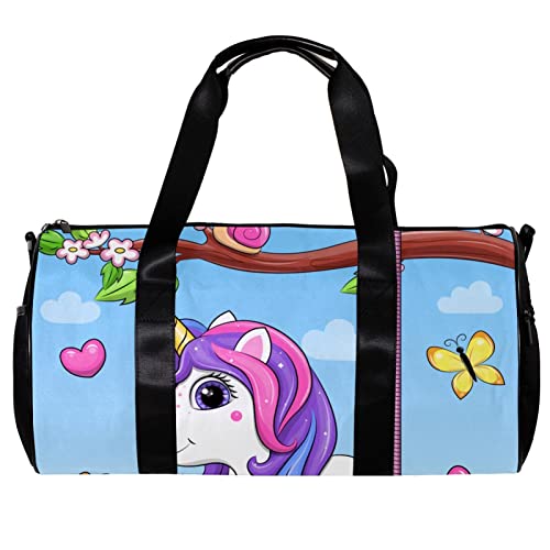 Runde Gym Sport Duffel Tasche mit abnehmbarem Schultergurt Niedliches Cartoon Einhorn auf einer Schaukel Training Handtasche Übernachtungstasche für Damen und Herren, mehrfarbig, 45x23x23cm/17.7x9x9in von DJROW