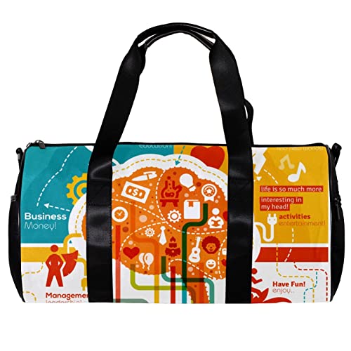 Runde Gym Sport Duffel Tasche mit abnehmbarem Schultergurt Reative Gehirn Illustration Training Handtasche Übernachtung Tasche für Damen und Herren, mehrfarbig, 45x23x23cm/17.7x9x9in von DJROW