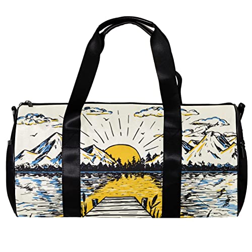 Runde Gym Sport Duffel Tasche mit abnehmbarem Schultergurt Reise Sonne auf der Seelandschaft mit einer Brücke Training Handtasche Übernachtungstasche für Damen und Herren, mehrfarbig, 45x23x23cm/17.7x9x9in von DJROW