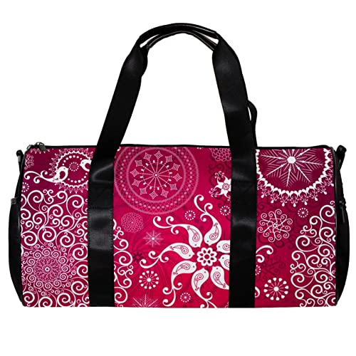 Runde Gym Sport Duffel Tasche mit abnehmbarem Schultergurt Rote Vögel und Vintage Schneeflocken Training Handtasche Übernachtungstasche für Damen und Herren, mehrfarbig, 45x23x23cm/17.7x9x9in von DJROW