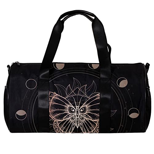 Runde Gym Sport Duffel Tasche mit abnehmbarem Schultergurt Schwarz Vintage Schmetterling und Heilig Geometrische Training Handtasche Übernachtungstasche für Damen und Herren, mehrfarbig, 45x23x23cm/17.7x9x9in von DJROW