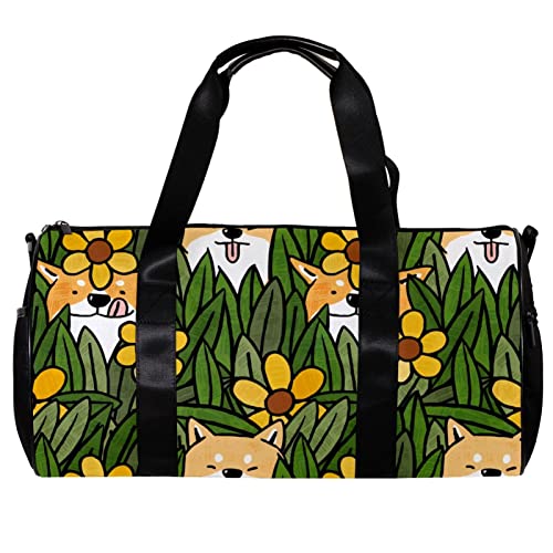 Runde Gym Sport Duffel Tasche mit abnehmbarem Schultergurt Shiba Inu Hund Blume und Blatt Illustration Training Handtasche Übernachtungstasche für Frauen und Männer, mehrfarbig, 45x23x23cm/17.7x9x9in von DJROW