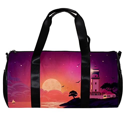 Runde Gym Sport Seesack mit abnehmbarem Schultergurt Meereslandschaft mit Leuchtfeuer auf der Klippe bei Nacht Trainingshandtasche Übernachtungstasche für Damen und Herren, mehrfarbig, 45x23x23cm/17.7x9x9in von DJROW