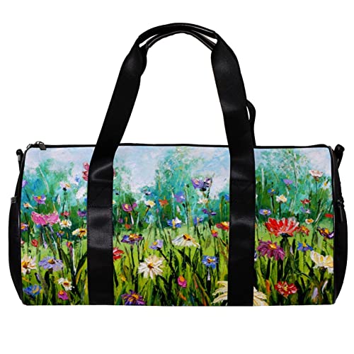 Runde Gym Sport Seesack mit abnehmbarem Schultergurt Ölgemälde von Blumen Training Handtasche Übernachtungstasche für Damen und Herren, mehrfarbig, 45x23x23cm/17.7x9x9in von DJROW