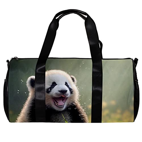 Runde Gym Sport Seesack mit abnehmbarem Schultergurt Pandabär Gähnt mit offenem Mund in Bambus Waldtraining Handtasche Übernachtungstasche für Damen und Herren, mehrfarbig, 45x23x23cm/17.7x9x9in von DJROW