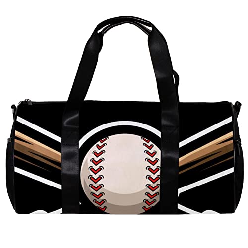 Runde Sporttasche mit abnehmbarem Schultergurt, Baseball-Logo, gekreuzte Holzschläger und Balltraining, Handtasche, Übernachtungstasche für Damen und Herren, mehrfarbig, 45x23x23cm/17.7x9x9in von DJROW