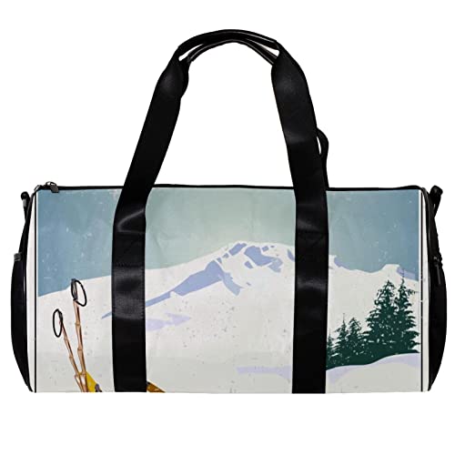 Runde Sporttasche mit abnehmbarem Schultergurt, Berge und Skiausrüstung, Trainingshandtasche, Übernachtungstasche für Damen und Herren, mehrfarbig, 45x23x23cm/17.7x9x9in von DJROW