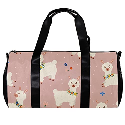 Runde Sporttasche mit abnehmbarem Schultergurt, Illustration mit Lama oder Alpaka und Blumen auf rosa Hintergrund, Trainingshandtasche, Übernachtungstasche für Damen und Herren, mehrfarbig, 45x23x23cm/17.7x9x9in von DJROW